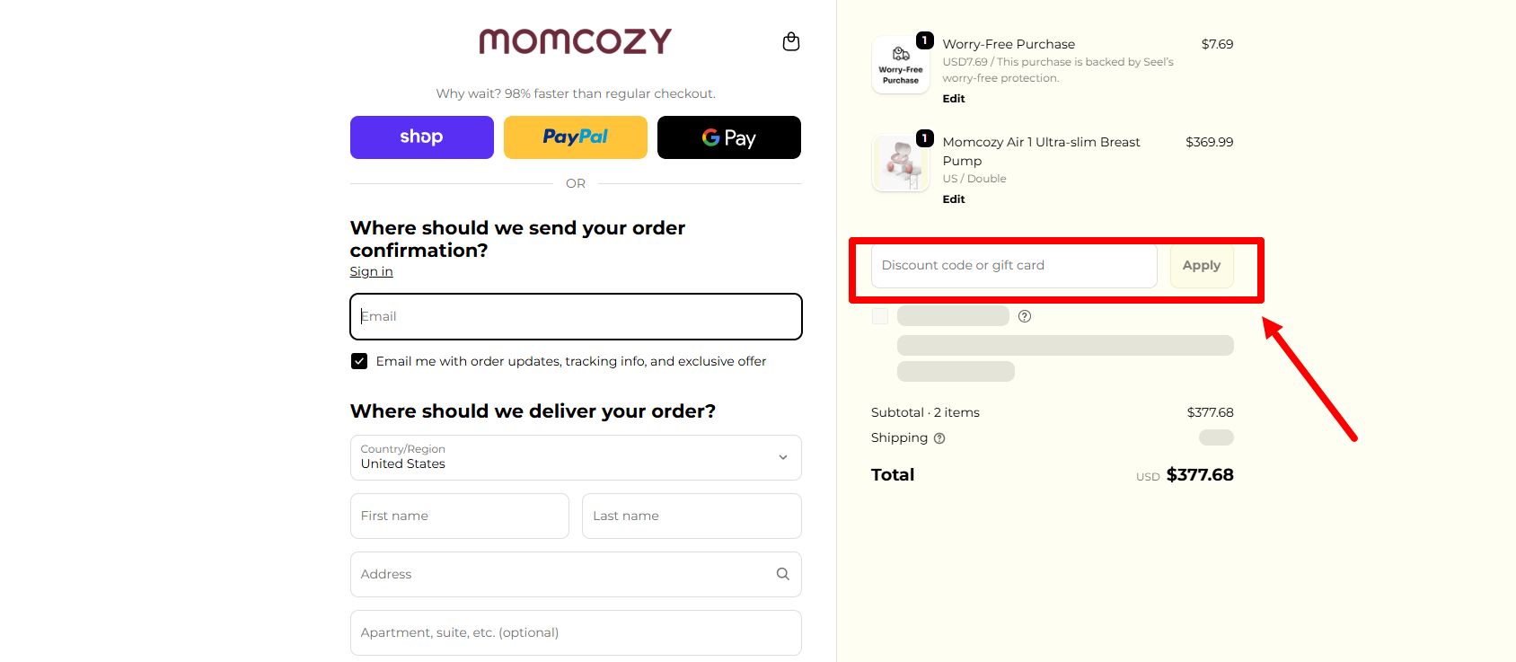 “How to apply a Momcozy promo code”
